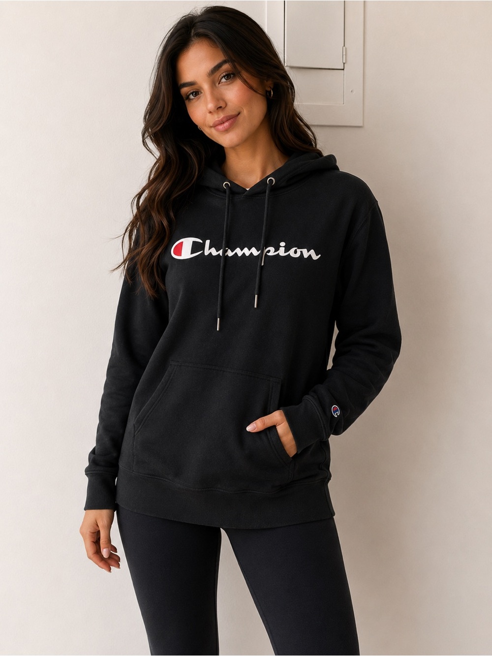 Champion Black Logo Hoodie – Size Small 🖤